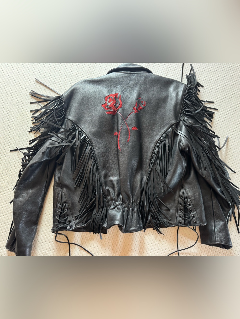 Black Leather Fringe Jacket with Red Rose Embroidery